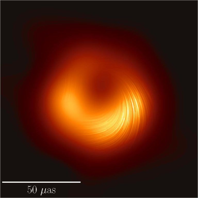 An image of the M87 black hole in polarized light. A lopsided orange ring is brighter at the bottom, and a swirling pattern is shown on top.