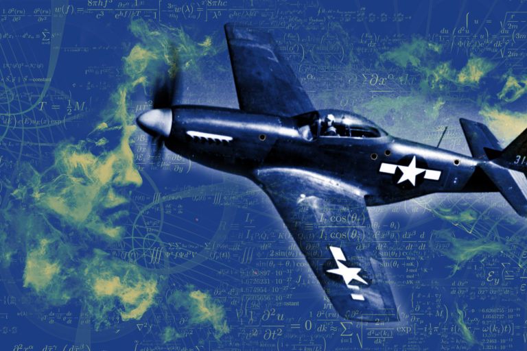 A World War 2 fighter plane with bullet holes in it, superimposed over physics equations and an illustration of a woman's face in profile