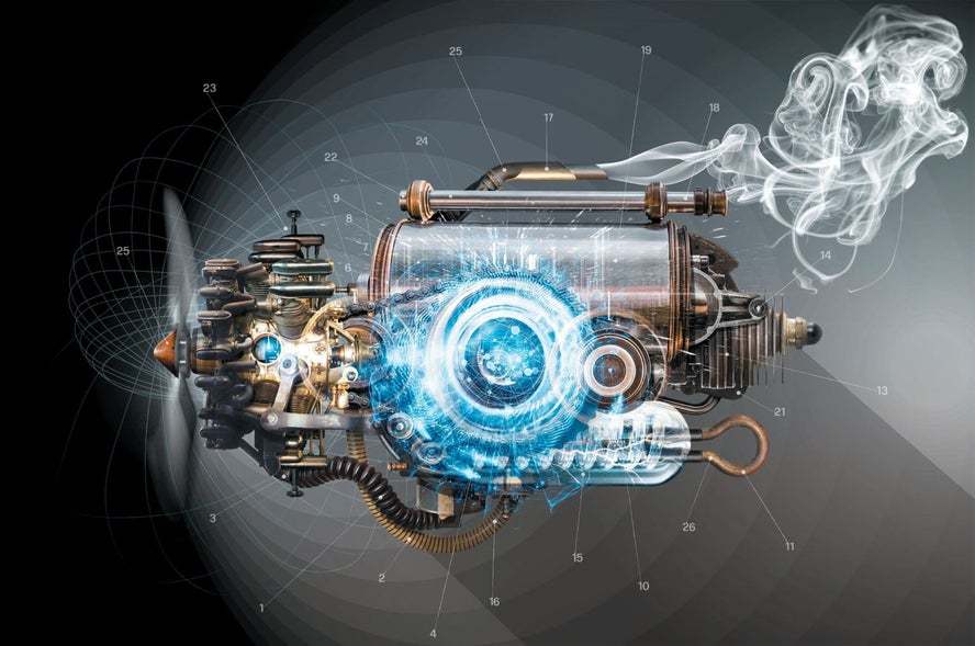A decorative illustration of a steam engine with blue quantum-looking components inside