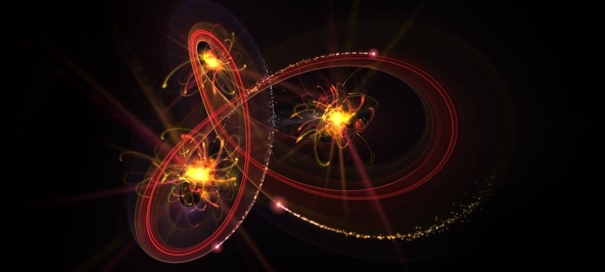 Abstract image of three light sources connected with red lines and swirls