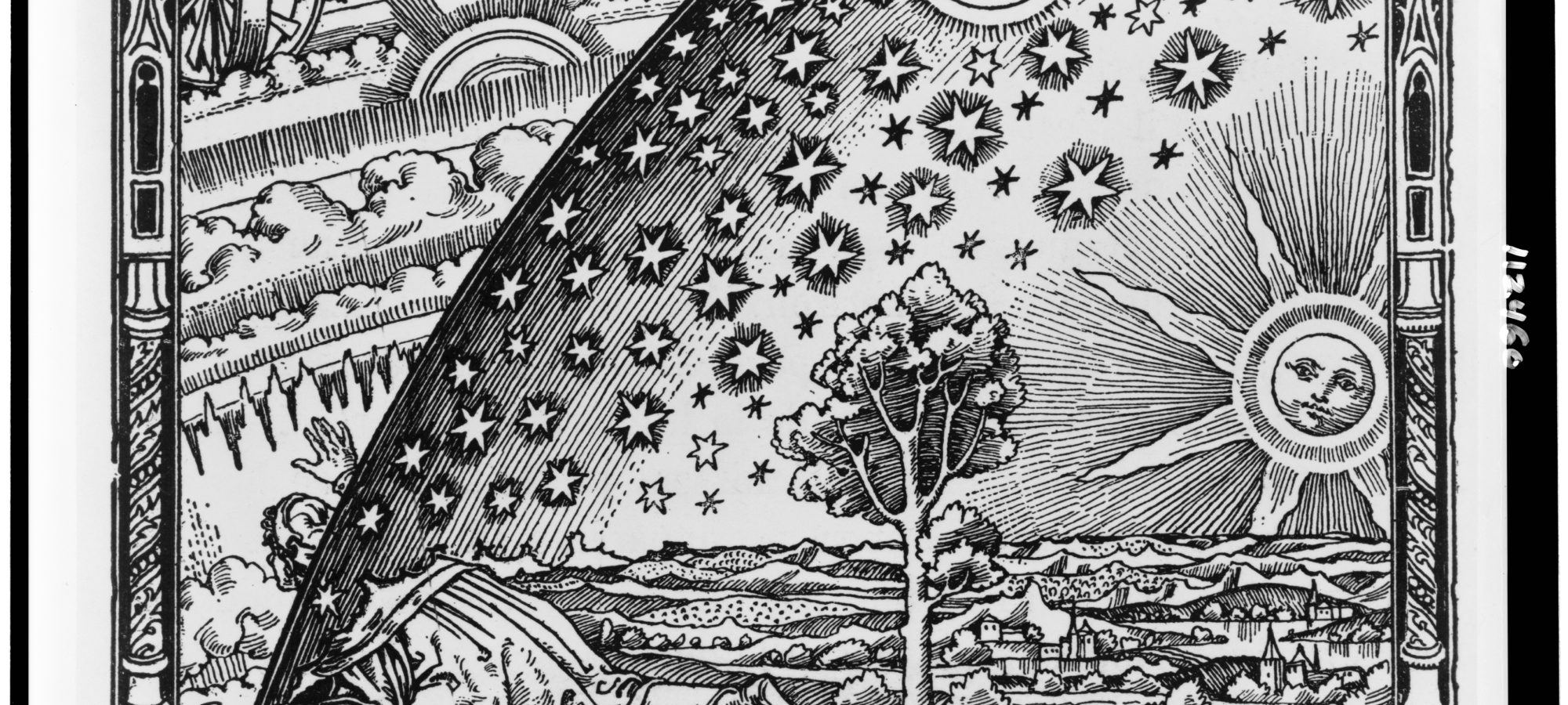 Print of sun, moon and stars inside a dome overlooking the land