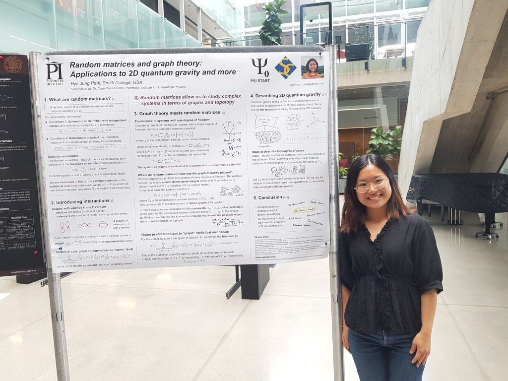 Young woman wearing a black shirt standing in front of her physics poster presentation