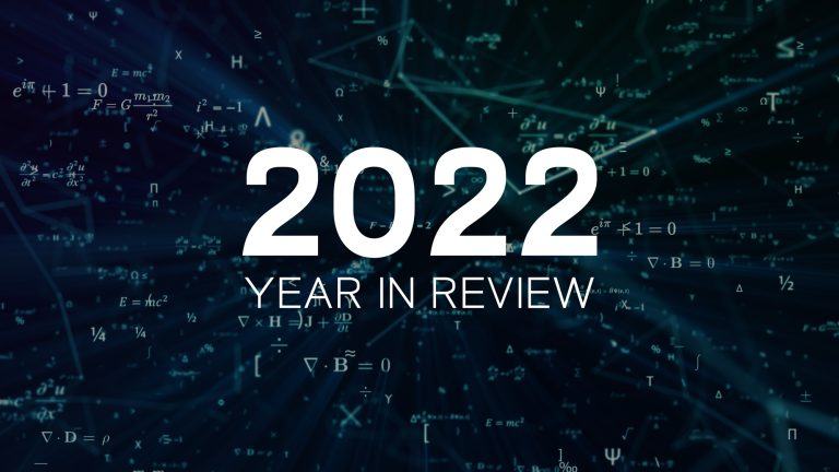 Text 2022 a year in review over top of an equation background